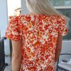 Women's Orange Floral Print Ruffled Short Puff Sleeve Split Neck Blouse - Image 2