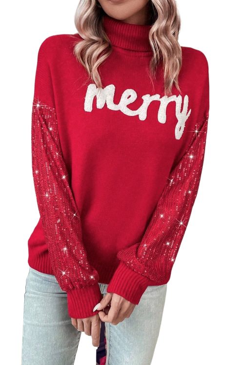 Women's Racing Red Merry Graphic Turtleneck Sweater with Sequin Sleeves