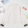 Elegant Women's Beige Floral Embroidered Stand Neck Buttoned Shirt - Image 8