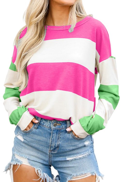 Women's Rose Red Colorblock Striped Drop Shoulder Long Sleeve Top