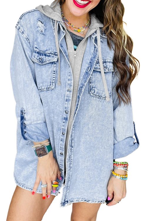 Women's Mist Blue Oversized Contrast Hooded Denim Jacket