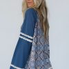 Women's Blue Geometric Printed Lace Patchwork Raglan Long Sleeve Top - Image 3