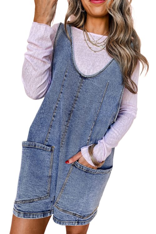 Women's Dusk Blue Sleeveless U Neck Denim Romper with Pocket