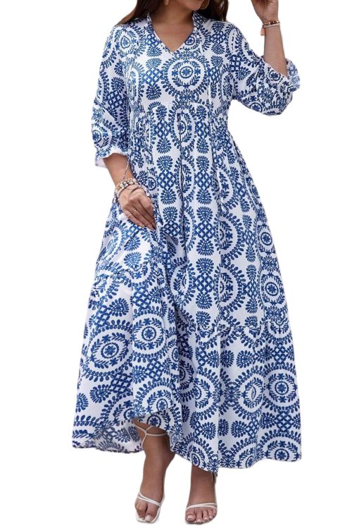 Plus Size Sky Blue Geometric Print Lace-up Notch Neck Maxi Dress