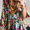 Women's Multicolour Floral Print Bubble Sleeve Ruffled V Neck Blouse - Image 2