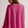 Women's Bright Pink Waffle Knit V Neck Long Sleeve Blouse - Image 2