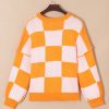 Women's Halloween Sweater - Grapefruit Orange Sequined Pumpkin Checkered Puff Sleeve - Image 5