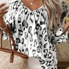 Women's Fierce Black Leopard Print 3/4 Sleeve V Neck Blouse - Image 7