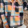Women's Black Plaid Print Pocketed Half Button Collared Sweatshirt - Image 10