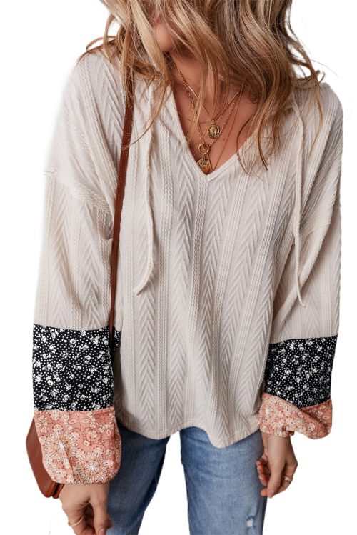 Women's Beige Floral Patchwork Textured Knit Drawstring V Neck Blouse