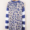 Women's Dark Blue Stripe Sleeve Leopard Print Open Front Cardigan with Pockets - Image 7