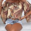 Women's Apricot Paisley Printed Off Shoulder Blouse with Ruffled Draped Sleeves - Image 13