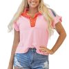 Women's Gossamer Pink Color Block Half Buttoned Ruffled Short Sleeve T-Shirt - Image 18