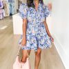 Women's Purple Butterfly Print Short Puff Sleeve Pleated Ruffle Dress - Image 3