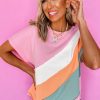 Stylish Women's Pink Color Block Patchwork Crewneck T-Shirt - Image 12