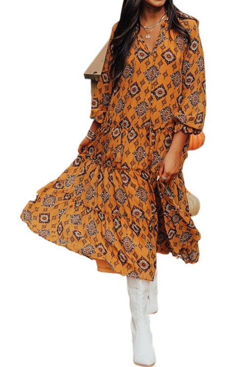 Women's Orange Western Geometric Print Midi Dress with Tiered Frills