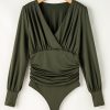 Women's Moss Green Ruched Wrap V Neck Long Sleeve Bodysuit - Image 7