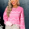 Women's Pink Aztec Geometric Drop Shoulder Casual Sweater - Image 11