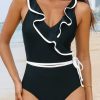 Women's Elegant Black Color Contrast Ruffled Wrap V Neck One-Piece Swimsuit - Image 9