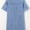 Women's Beau Blue Short Sleeve Collared Denim Mini Dress with Patched Pockets - Image 14