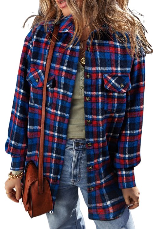 Women's Navy Blue Plaid Flap Pocket Button Up Shacket