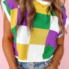 Women's Tillandsia Purple Color Block Cap Sleeve Sweater - Stylish Checkered Knit Top - Image 4