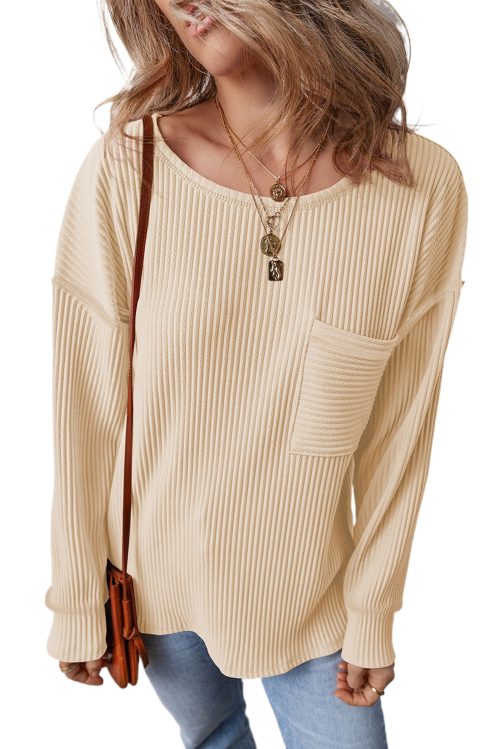 Women's Apricot Corded Drop Shoulder Long Sleeve Top