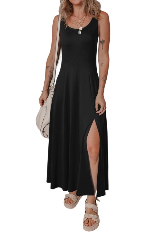 Women's Black Sleeveless Scoop Neck Flared Split Midi Dress - Elegant & Casual Summer Fashion