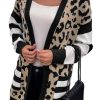 Women's Black Stripe Sleeve Leopard Print Open Front Cardigan with Pockets - Image 2