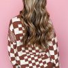 Women's Brown Checkered Print Drop Shoulder Round Neck Sweater - Image 2