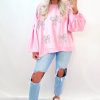 Women's Light Pink Oversized Pullover Sweatshirt with Embroidered Bow and Lantern Sleeves - Image 6