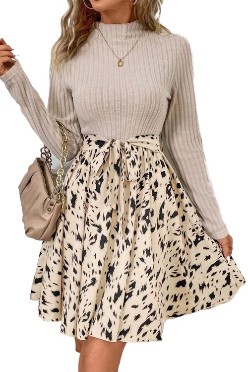 Women's Beige Patchwork Belted A-Line Dress with Long Sleeves