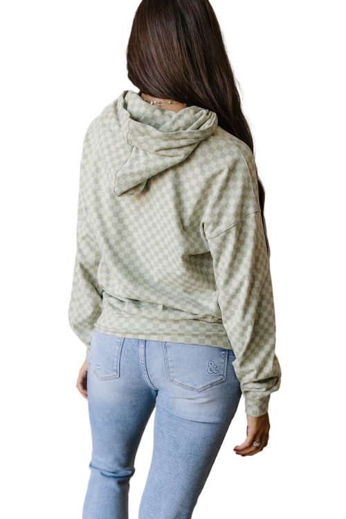 Women's Green Checkered Print Kangaroo Pocket Drawstring Hoodie