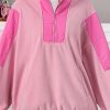 Women's Pink Colorblock Patchwork Half Zip Oversized Sherpa Hoodie - Image 2