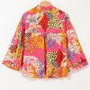 Women's Red Abstract Floral Print Buttoned Ruffled Bubble Sleeve Shirt - Image 8