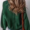 Women's Blackish Green Textured Crew Neck Lantern Sleeve Sweater - Image 2