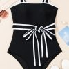 Women's Elegant Black Colorblock Edge Belted One Piece Swimsuit with Padded Support - Image 12