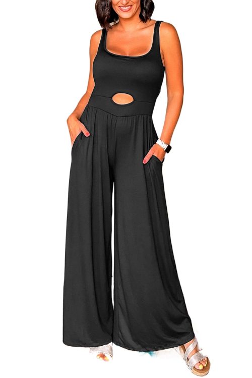 Women's Black Peekaboo Wide Leg Jumpsuit - Trendy Square Neck Sleeveless Design