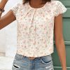 Women's Pink Floral Print Crochet Cap Sleeve Blouse with Embroidery Detail - Image 6