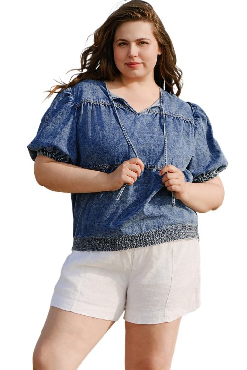 Women's Plus Size Sail Blue Drawstring V Neck Puff Sleeve Denim Blouse