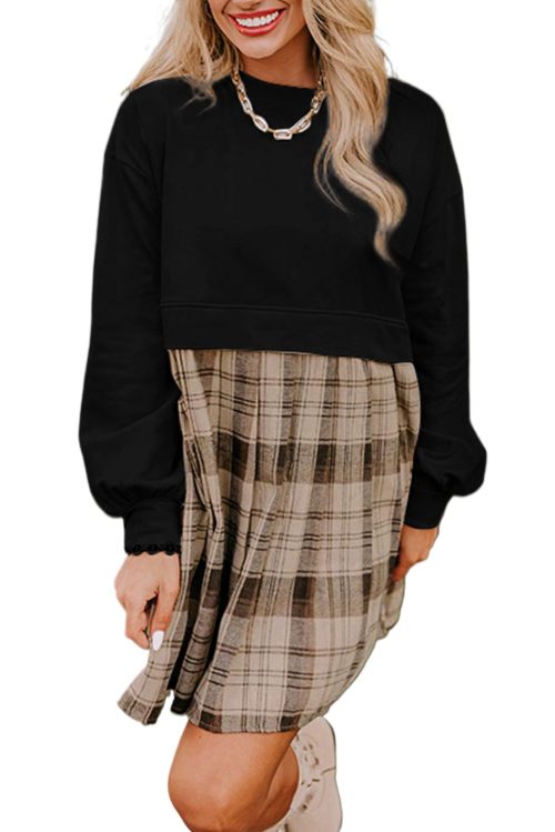 Chic Women's Black Plaid Patchwork High Waist Sweatshirt Mini Dress