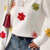 Women's White Colorful Flower Applique Textured Knit Sweater - Image 6