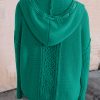 Women's Sea Green Cable Knit V Neck Hooded Sweater with Drawstring - Image 2