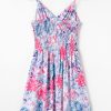 Women's Sky Blue Floral Spaghetti Strap Mini Dress with Shirred Waist - Image 9