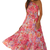 Women's Pink Abstract Floral Print Shirred One Shoulder Maxi Dress for Summer - Image 19