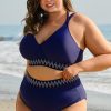 Plus Size Navy Blue Embroidered Trim Wrap Tie Knot High Waisted Bikini - Image 3