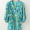 Chic Green Abstract Print Puff Sleeve V Neck High Waist Romper for Women - Image 10