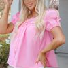 Women's Light Pink Lace Square Neck Puff Sleeve Blouse - Elegant Babydoll Top - Image 3