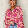 Women's Pink Floral Print Batwing Sleeve Buttoned Loose Fit Shirt - Image 3