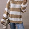 Women's Light French Beige Colorblock Striped Drop Shoulder Sweater with Side Slit - Image 5